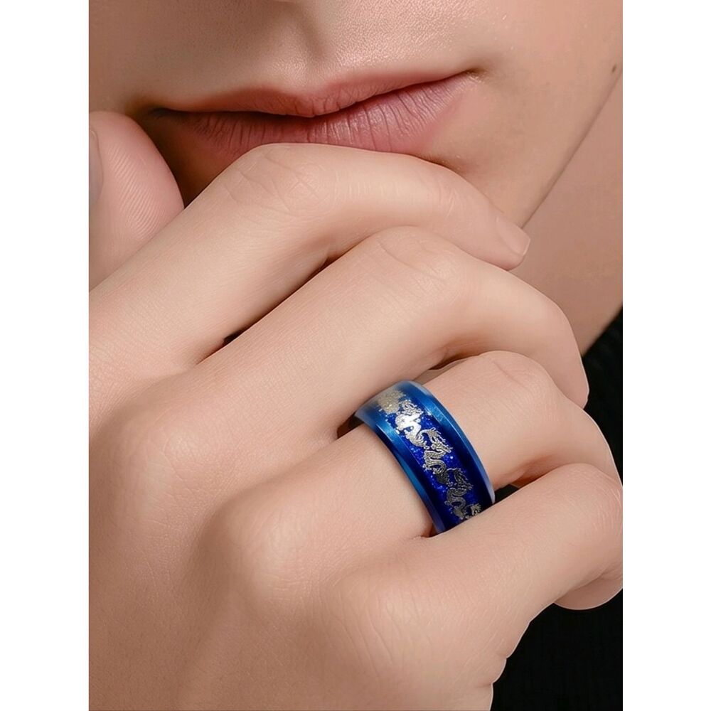Blue Titanium Steel Gold Chinese Dragon Inlay Men Ring Decorative Wedding Band